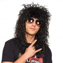 Mens 80s Wig Long Black Curly Wigs Rocker Costume Wig Men Fashion Smart Rocker Style Wig cosplay wig for Carnival