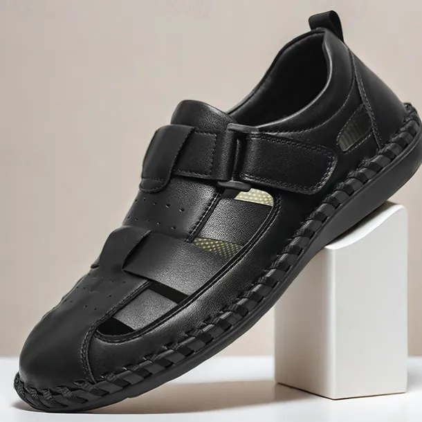 Men's Sandals Fishermen sandals Casual Beach Leather Breathable Comfortable Slip Resistant Magic Tape Buckle Black Coffee