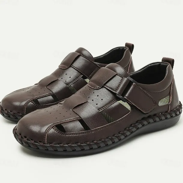 Men's Sandals Fishermen sandals Casual Beach Leather Breathable Comfortable Slip Resistant Magic Tape Buckle Black Coffee