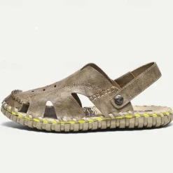 Men's Sandals Flat Sandals Leather Breathable Comfortable Slip Resistant Buckle Black Khaki Coffee