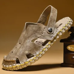 Men's Sandals Flat Sandals Leather Breathable Comfortable Slip Resistant Buckle Black Khaki Coffee