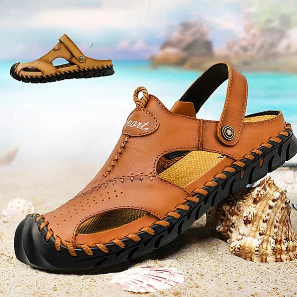 Men's Sandals Handmade Shoes Walking Casual Preppy Beach Outdoor Daily PU Breathable Comfortable Slip Resistant Slip-on Light Brown Dark Brown Black Summer Fall