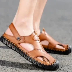 Men's Sandals Handmade Shoes Walking Casual Preppy Beach Outdoor Daily PU Breathable Comfortable Slip Resistant Slip-on Light Brown Dark Brown Black Summer Fall