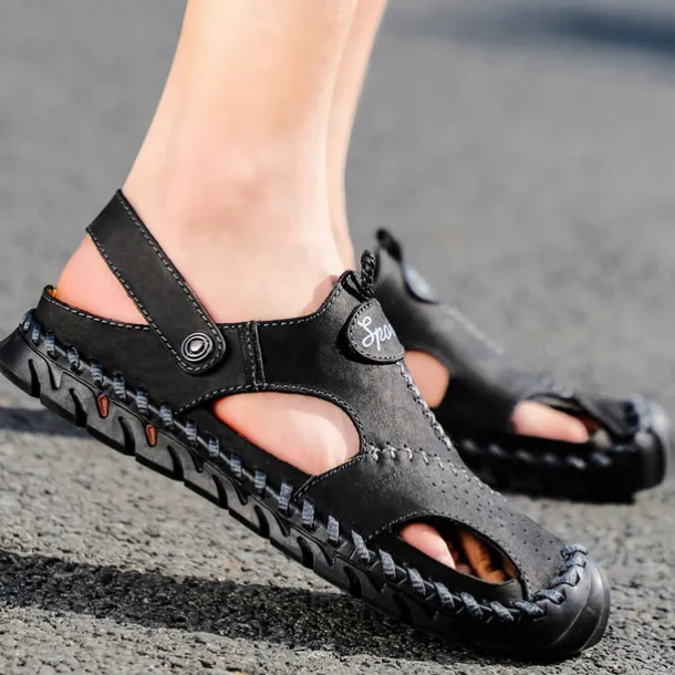 Men's Sandals Handmade Shoes Walking Casual Preppy Beach Outdoor Daily PU Breathable Comfortable Slip Resistant Slip-on Light Brown Dark Brown Black Summer Fall