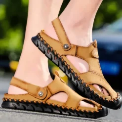 Men's Sandals Handmade Shoes Walking Casual Preppy Beach Outdoor Daily PU Breathable Comfortable Slip Resistant Slip-on Light Brown Dark Brown Black Summer Fall