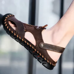 Men's Sandals Handmade Shoes Walking Casual Preppy Beach Outdoor Daily PU Breathable Comfortable Slip Resistant Slip-on Light Brown Dark Brown Black Summer Fall
