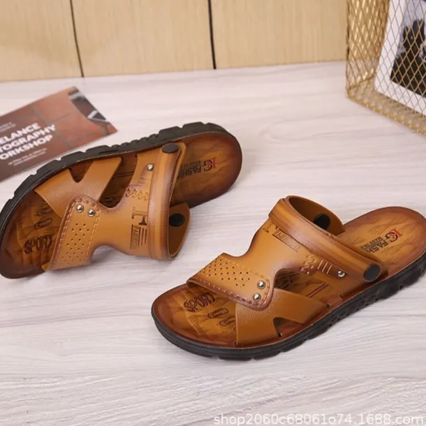 Men's Sandals Leatherette Loafers Leather Sandals Hand Stitching Casual Outdoor PU Breathable Loafer Red-brown820+6 Yellow820+6 Summer Spring