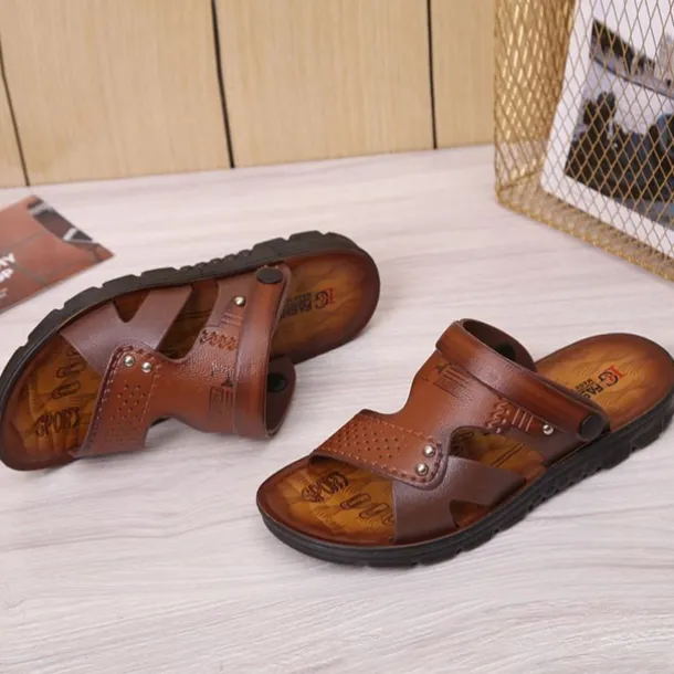 Men's Sandals Leatherette Loafers Leather Sandals Hand Stitching Casual Outdoor PU Breathable Loafer Red-brown820+6 Yellow820+6 Summer Spring