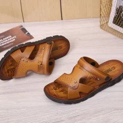 Men's Sandals Leatherette Loafers Leather Sandals Hand Stitching Casual Outdoor PU Breathable Loafer Red-brown820+6 Yellow820+6 Summer Spring