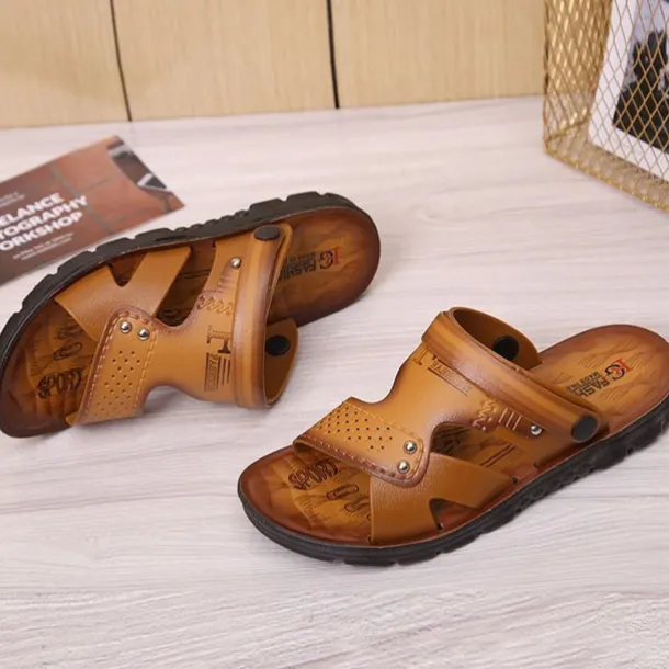 Men's Sandals Leatherette Loafers Leather Sandals Hand Stitching Casual Outdoor PU Breathable Loafer Red-brown820+6 Yellow820+6 Summer Spring