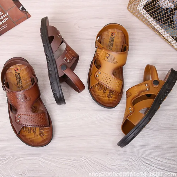 Men's Sandals Leatherette Loafers Leather Sandals Hand Stitching Casual Outdoor PU Breathable Loafer Red-brown820+6 Yellow820+6 Summer Spring