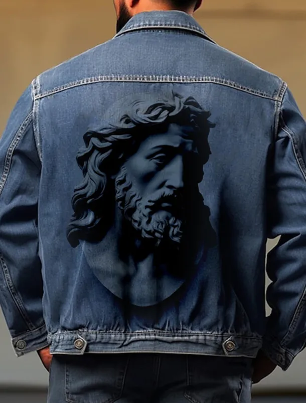 Men's Sculpture Coat Jean Jacket Denim Jacket Breathable Comfortable Casual Sports & Outdoor Going out Weekend Buttons Print Fall & Winter Turndown Long Sleeve Black Blue