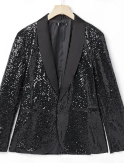Men's Sequin 70s Disco Retro Blazer Party Sparkle Casual Jacket Pattern Single Breasted One-button Black Silver Burgundy Royal Blue Gold