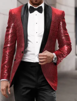 Men's Sequin 70s Disco Retro Blazer Party Sparkle Casual Jacket Pattern Single Breasted One-button Black Silver Burgundy Royal Blue Gold