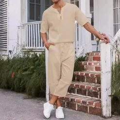 Men's Shirt 2 Piece Shirt Set Summer Shirt Matching Sets Plain Vacation Street Black White Navy Blue Khaki Short Sleeve V Neck Summer Clothing Apparel