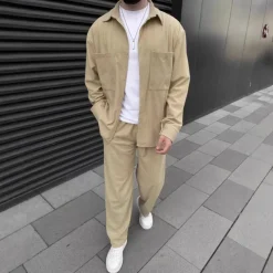 Men's Shirt 2 Piece Shirt Set Matching Sets Casual Shirt Corduroy Shirt Brown Green khaki Gray Light Blue Long Sleeve Solid Color Collar Street Daily Clothing Apparel Fashion Casual Comfortable