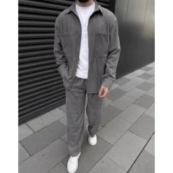 Men's Shirt 2 Piece Shirt Set Matching Sets Casual Shirt Corduroy Shirt Brown Green khaki Gray Light Blue Long Sleeve Solid Color Collar Street Daily Clothing Apparel Fashion Casual Comfortable