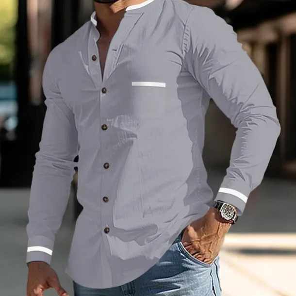 Men's Shirt Band Collar Shirt Summer Shirt Dress Shirt Button Up Shirt White Dark Blue Gray Light Blue Long Sleeve Color Block Stand Collar Daily Vacation Front Pocket Clothing Apparel Cotton Cotton