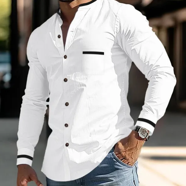 Men's Shirt Band Collar Shirt Summer Shirt Dress Shirt Button Up Shirt White Dark Blue Gray Light Blue Long Sleeve Color Block Stand Collar Daily Vacation Front Pocket Clothing Apparel Cotton Cotton