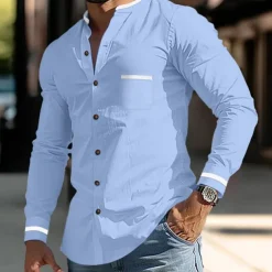 Men's Shirt Band Collar Shirt Summer Shirt Dress Shirt Button Up Shirt White Dark Blue Gray Light Blue Long Sleeve Color Block Stand Collar Daily Vacation Front Pocket Clothing Apparel Cotton Cotton