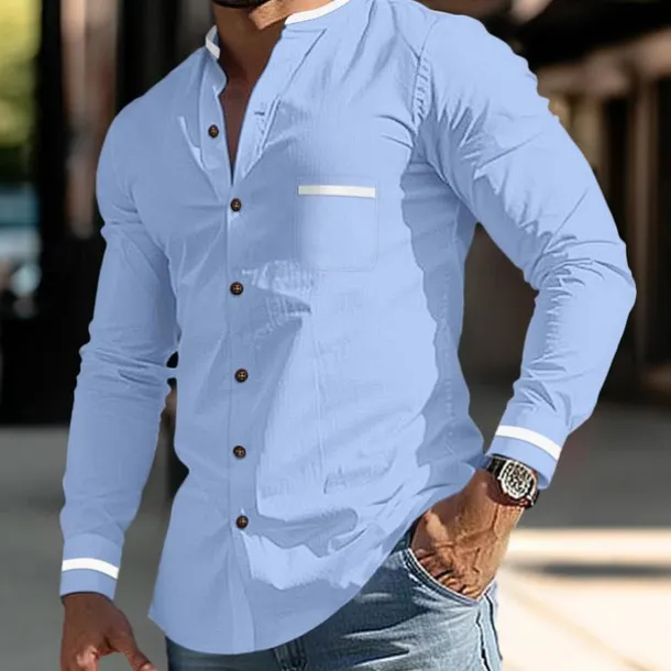 Men's Shirt Band Collar Shirt Summer Shirt Dress Shirt Button Up Shirt White Dark Blue Gray Light Blue Long Sleeve Color Block Stand Collar Daily Vacation Front Pocket Clothing Apparel Cotton Cotton
