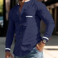 Men's Shirt Band Collar Shirt Summer Shirt Dress Shirt Button Up Shirt White Dark Blue Gray Light Blue Long Sleeve Color Block Stand Collar Daily Vacation Front Pocket Clothing Apparel Cotton Cotton