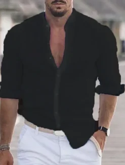 Men's Shirt Band Collar Shirt Summer Shirt Beach Wear Button Up Shirt Casual Shirt Black White Pink Army Green Long Sleeve Solid Color Collar Party Hawaiian Clothing Apparel