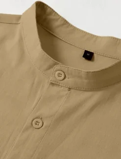 Men's Shirt Band Collar Shirt Summer Shirt Beach Wear Button Up Shirt Casual Shirt Black White Pink Army Green Long Sleeve Solid Color Collar Party Hawaiian Clothing Apparel