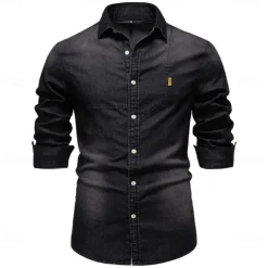 Men's Shirt Black Dark Blue Light Blue Long Sleeve Solid Color Rolled collar Outdoor Causal Buttons Clothing Apparel Daily Casual Daily Leisure