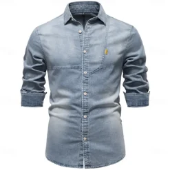 Men's Shirt Black Dark Blue Light Blue Long Sleeve Solid Color Rolled collar Outdoor Causal Buttons Clothing Apparel Daily Casual Daily Leisure