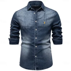 Men's Shirt Black Dark Blue Light Blue Long Sleeve Solid Color Rolled collar Outdoor Causal Buttons Clothing Apparel Daily Casual Daily Leisure