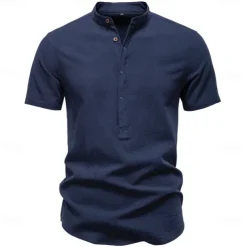 Men's Shirt Black White Navy Blue Blue Beige Long Sleeve Solid Color Standing Collar Outdoor Causal Buttons Clothing Apparel Daily Casual Daily Leisure