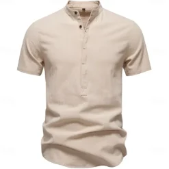 Men's Shirt Black White Navy Blue Blue Beige Long Sleeve Solid Color Standing Collar Outdoor Causal Buttons Clothing Apparel Daily Casual Daily Leisure