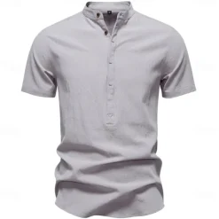 Men's Shirt Black White Navy Blue Blue Beige Long Sleeve Solid Color Standing Collar Outdoor Causal Buttons Clothing Apparel Daily Casual Daily Leisure