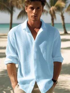 Men's Shirt Button Up Shirt Casual Shirt Summer Shirt Waffle Henley Shirt Black White Blue khaki Long Sleeve Plain Lapel Daily Vacation Clothing Apparel Fashion Casual Comfortable