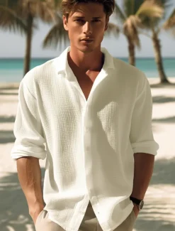 Men's Shirt Button Up Shirt Casual Shirt Summer Shirt Waffle Henley Shirt Black White Blue khaki Long Sleeve Plain Lapel Daily Vacation Clothing Apparel Fashion Casual Comfortable