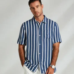 Men's Shirt Button Up Shirt Casual Shirt Beach Shirt Blue Light Blue Short Sleeve Striped Turndown Shirt Collar Party Causal Button Clothing Apparel Daily Casual Daily