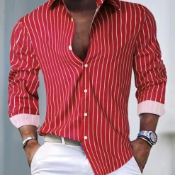 Men's Shirt Button Up Shirt Casual Shirt Summer Shirt Pink Blue Green Long Sleeve Stripes Lapel Hawaiian Holiday Button-Down Clothing Apparel Fashion Casual Comfortable