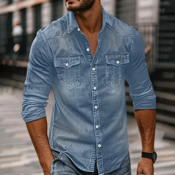 Men's Shirt Chambray Shirt Calico Shirt Button Up Shirt Casual Shirt Denim Shirt Denim Blue Black Dark Navy Blue Long Sleeve Plain Collar Daily Vacation Clothing Apparel Cotton Fashion Casual