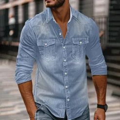 Men's Shirt Chambray Shirt Calico Shirt Button Up Shirt Casual Shirt Denim Shirt Denim Blue Black Dark Navy Blue Long Sleeve Plain Collar Daily Vacation Clothing Apparel Cotton Fashion Casual