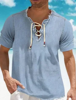 Men's Shirt Chambray Shirt Calico Shirt Summer Shirt Beach Wear Casual Shirt Navy Blue Blue Light Blue Short Sleeve Plain Denim V Neck Daily Vacation Drawstring Clothing Apparel Cotton Blend Fashion