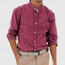 Men's Shirt Chinese Collar Shirt Mandarin Collar Shirt Summer Shirt Casual Shirt Beach Shirt White Red Navy Blue Blue Long Sleeve Plain Band Collar Vacation Hawaiian Pocket Clothing Apparel Polyester