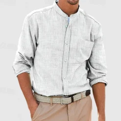 Men's Shirt Chinese Collar Shirt Mandarin Collar Shirt Summer Shirt Casual Shirt Beach Shirt White Red Navy Blue Blue Long Sleeve Plain Band Collar Vacation Hawaiian Pocket Clothing Apparel Polyester