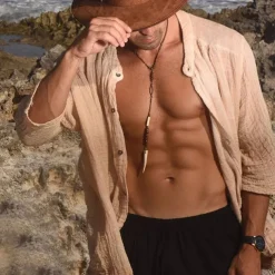 Men's Shirt Chinese Collar Shirt Mandarin Collar Shirt Summer Shirt Casual Shirt Beach Shirt Black khaki Long Sleeve Plain Grandad Collar Henley Vacation Hawaiian Button-Down Clothing Apparel Cotton