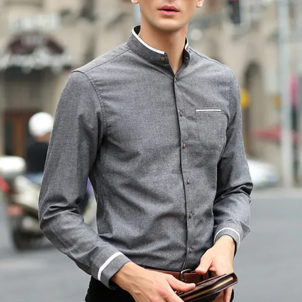 Men's Shirt Chinese Collar Shirt Mandarin Collar Shirt Dress Shirt Button Up Shirt Plain Wedding Party Pink Blue Sky Blue Dark Gray Long Sleeve Grandad Collar Spring & Fall Clothing Apparel Patchwork