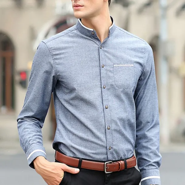 Men's Shirt Chinese Collar Shirt Mandarin Collar Shirt Dress Shirt Button Up Shirt Plain Wedding Party Pink Blue Sky Blue Dark Gray Long Sleeve Grandad Collar Spring & Fall Clothing Apparel Patchwork