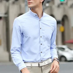 Men's Shirt Chinese Collar Shirt Mandarin Collar Shirt Dress Shirt Button Up Shirt Plain Wedding Party Pink Blue Sky Blue Dark Gray Long Sleeve Grandad Collar Spring & Fall Clothing Apparel Patchwork