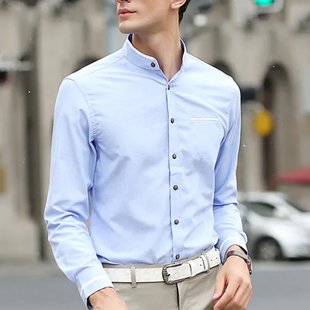 Men's Shirt Chinese Collar Shirt Mandarin Collar Shirt Dress Shirt Button Up Shirt Plain Wedding Party Pink Blue Sky Blue Dark Gray Long Sleeve Grandad Collar Spring & Fall Clothing Apparel Patchwork