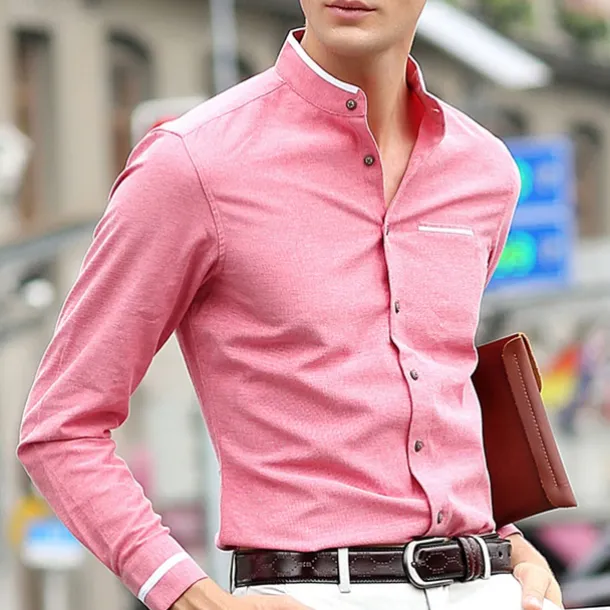 Men's Shirt Chinese Collar Shirt Mandarin Collar Shirt Dress Shirt Button Up Shirt Plain Wedding Party Pink Blue Sky Blue Dark Gray Long Sleeve Grandad Collar Spring & Fall Clothing Apparel Patchwork