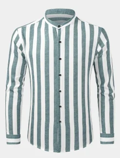 Men's Shirt Chinese Collar Shirt Mandarin Collar Shirt Summer Shirt Casual Shirt Button Up Shirt Blue Green Dark Blue Long Sleeve Stripes Grandad Collar Band Collar Vacation Daily Clothing Apparel